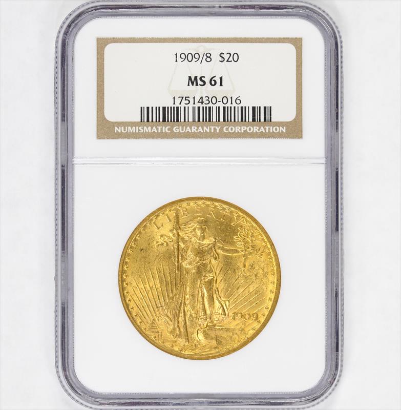 1909/8 $20 St. Gaudens Gold Double Eagle - NGC MS61 - Nice Lustrous Overdate