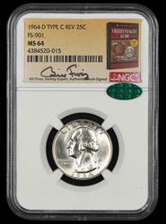 1964 D Washington Quarter Type C Reverse FS-901 NGC MS64 CAC Bill Fivaz Signature Label MS64