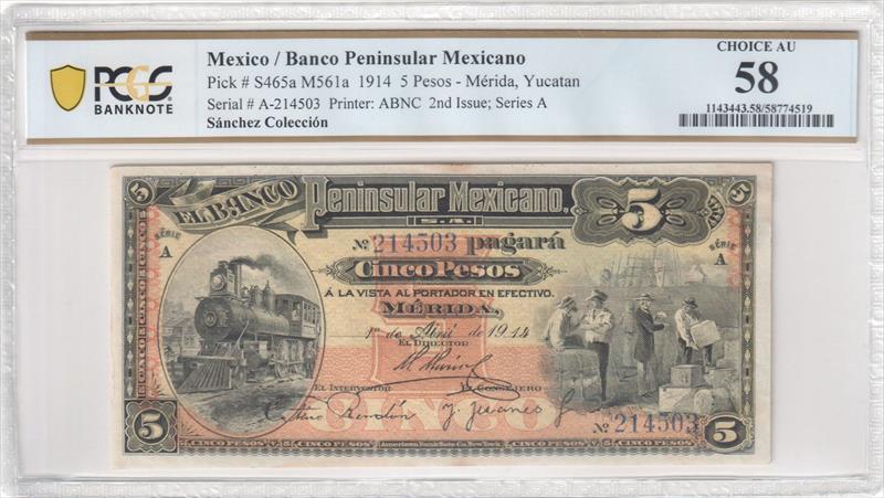 1914 5 Pesos Mexico Pick # S465a M561a CU 58