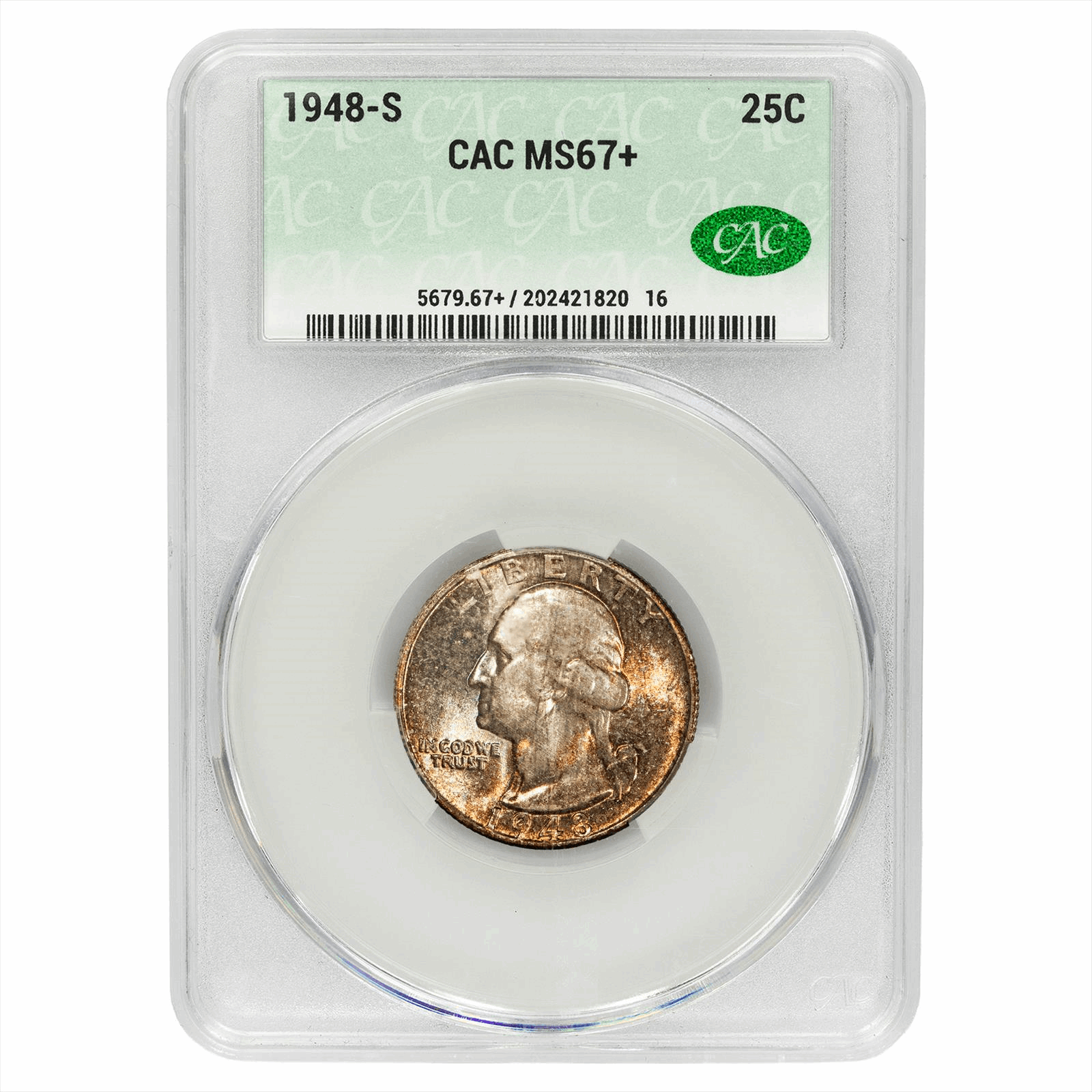 1948-S Washington Quarter 25C CACG MS 67+ CAC