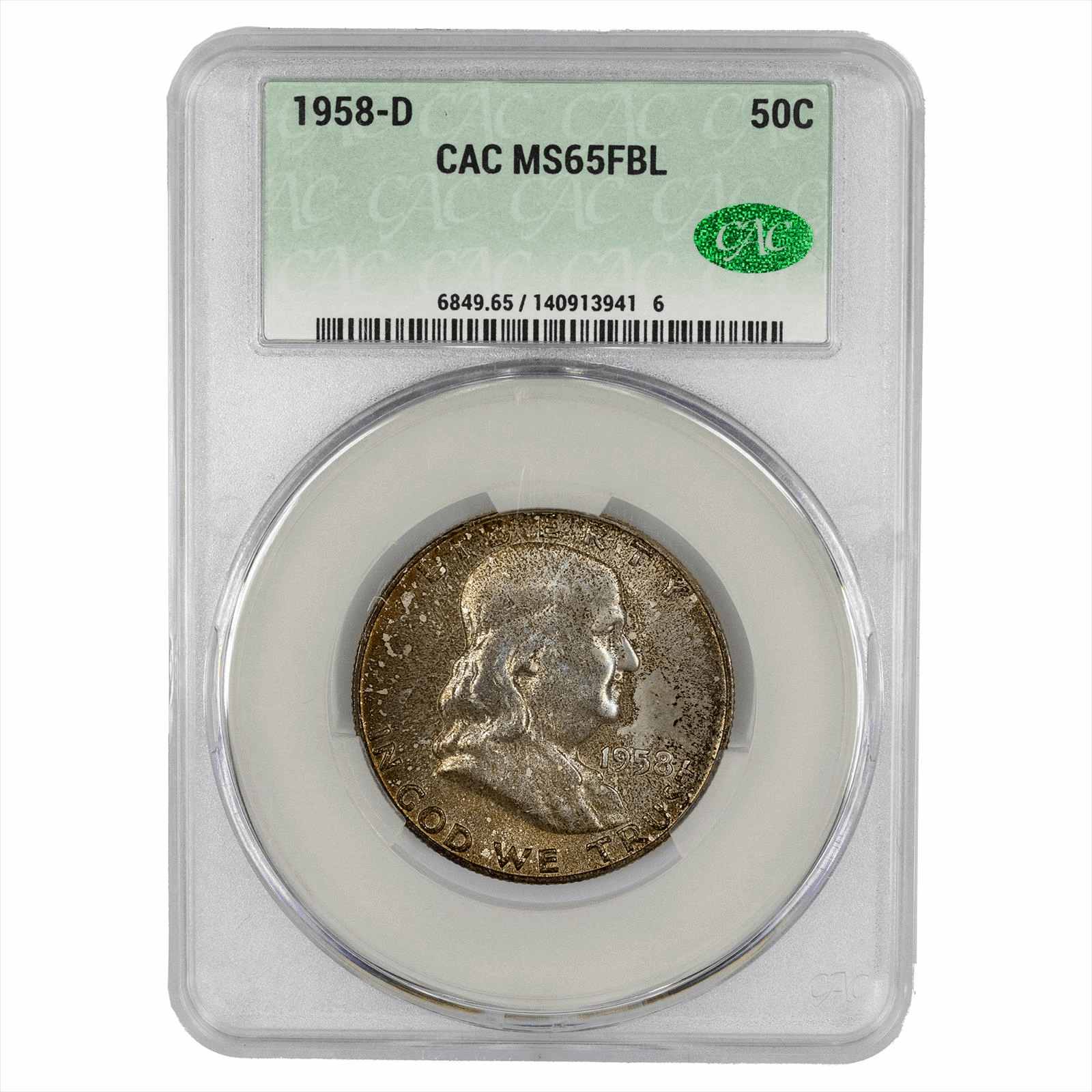 1958-D Franklin Half Dollar 50C CACG MS 65 FBL CAC