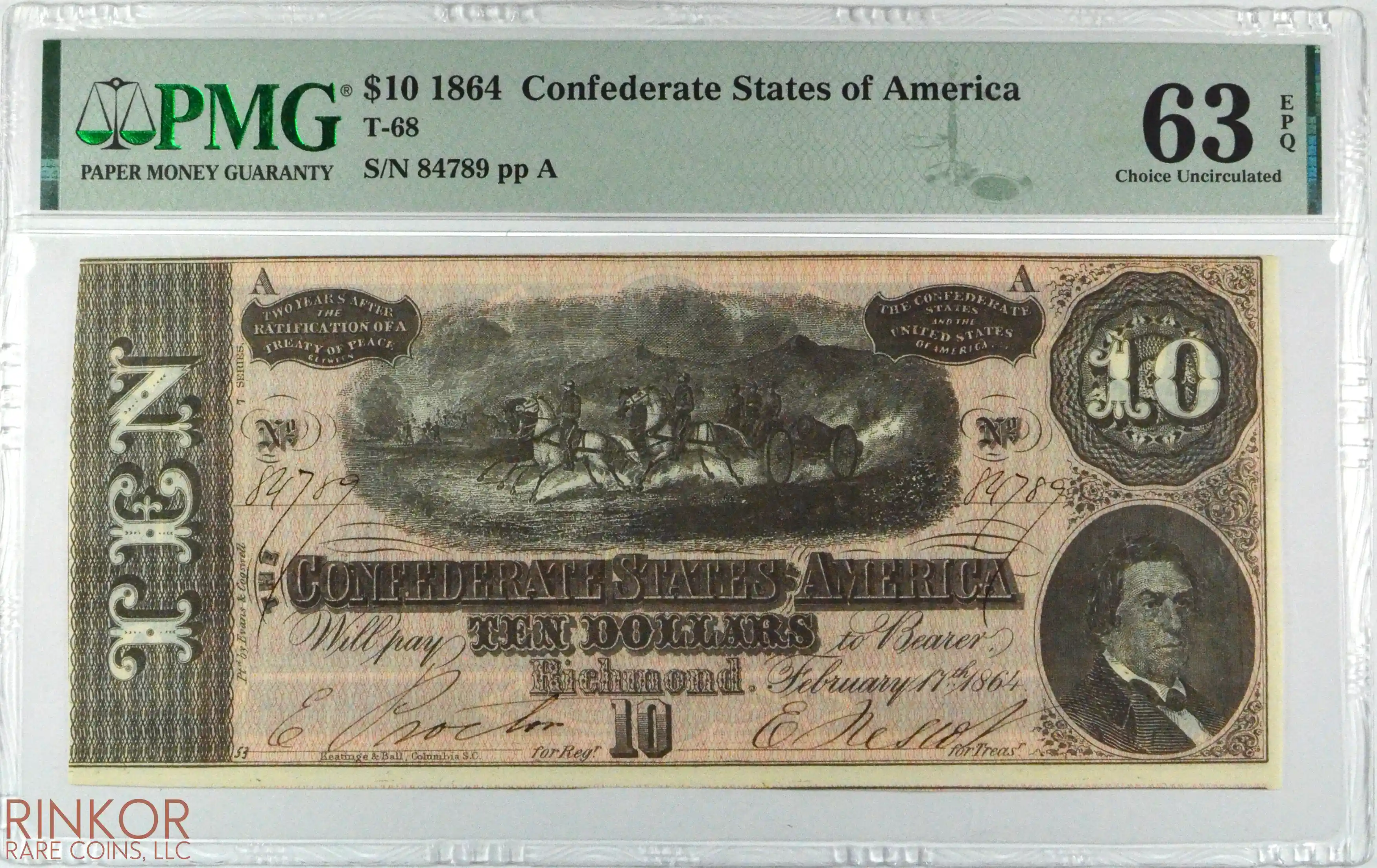 1864 $10 T-68 Confederate States of America PMG CU 63 EPQ