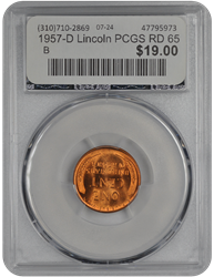 1957-D Lincoln PCGS RD 65