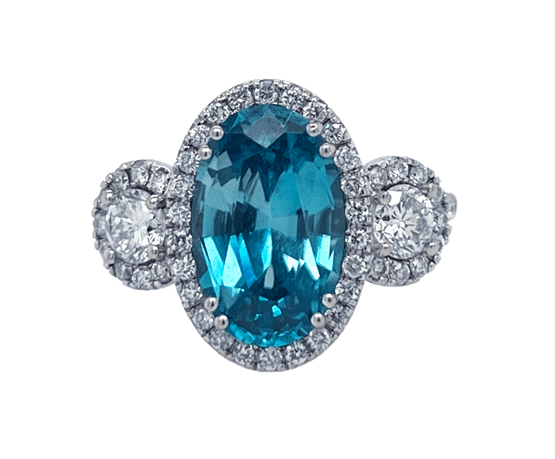 Blue Zircon Ring with Diamond Halo and Accents in 14k White Gold 