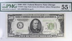 Fr. #2201-GDGS 1934 $500 Dark Green Fed Reserve Chicago PMG 55 Net 