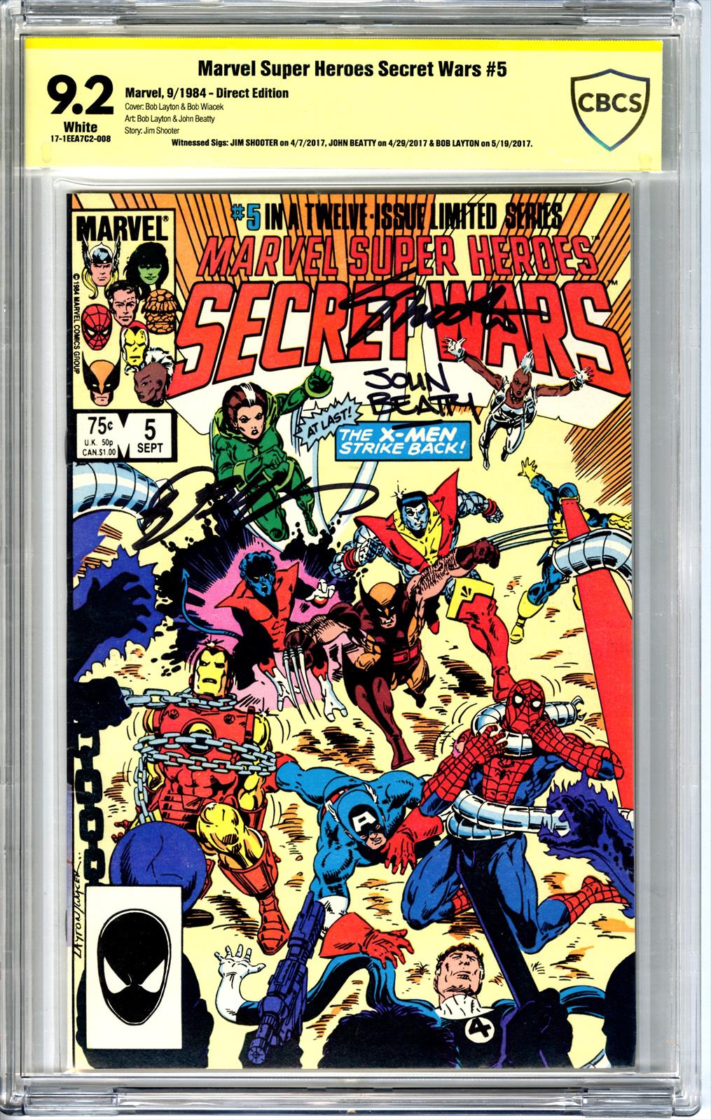 Marvel Super Heroes Secret Wars #5 CBCS 9.2 Signed by John Beatty, Jim Shooter, & Bob Layton 