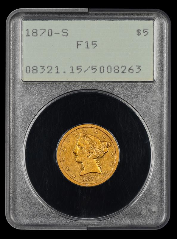 1870 S $5 Gold Rattler PCGS F15