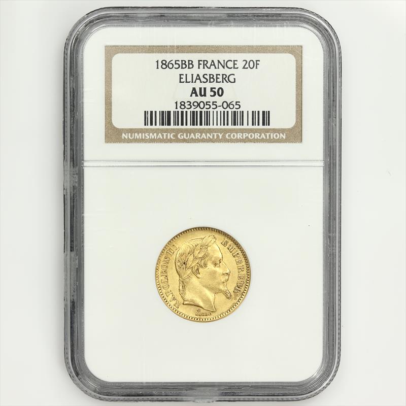 1865BB France 20F Eliasberg French 0.1867oz AGW .900 Gold Coin NGC AU50 122796