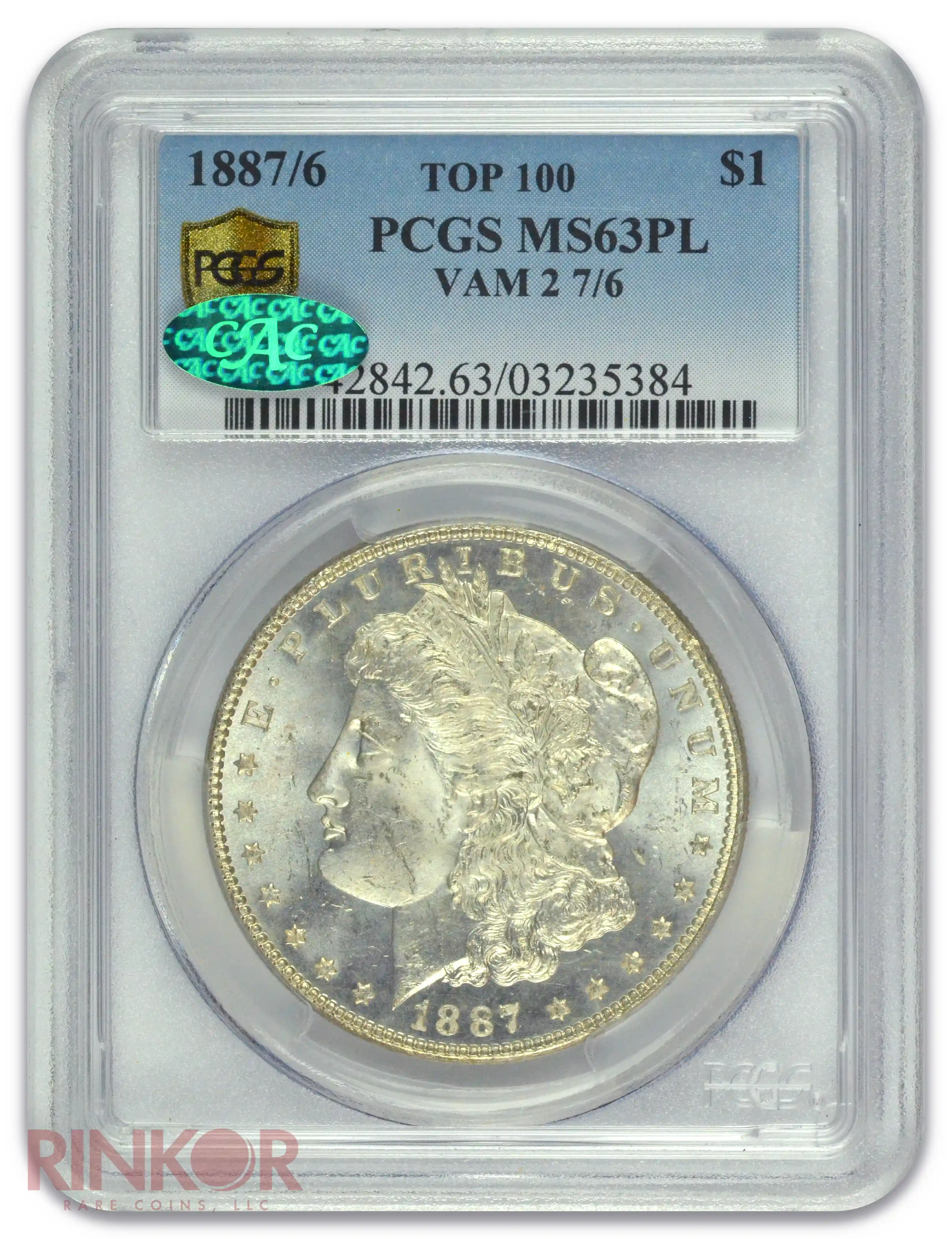 1887/6 $1 Morgan Dollar VAM 2 PCGS MS 63 PL CAC