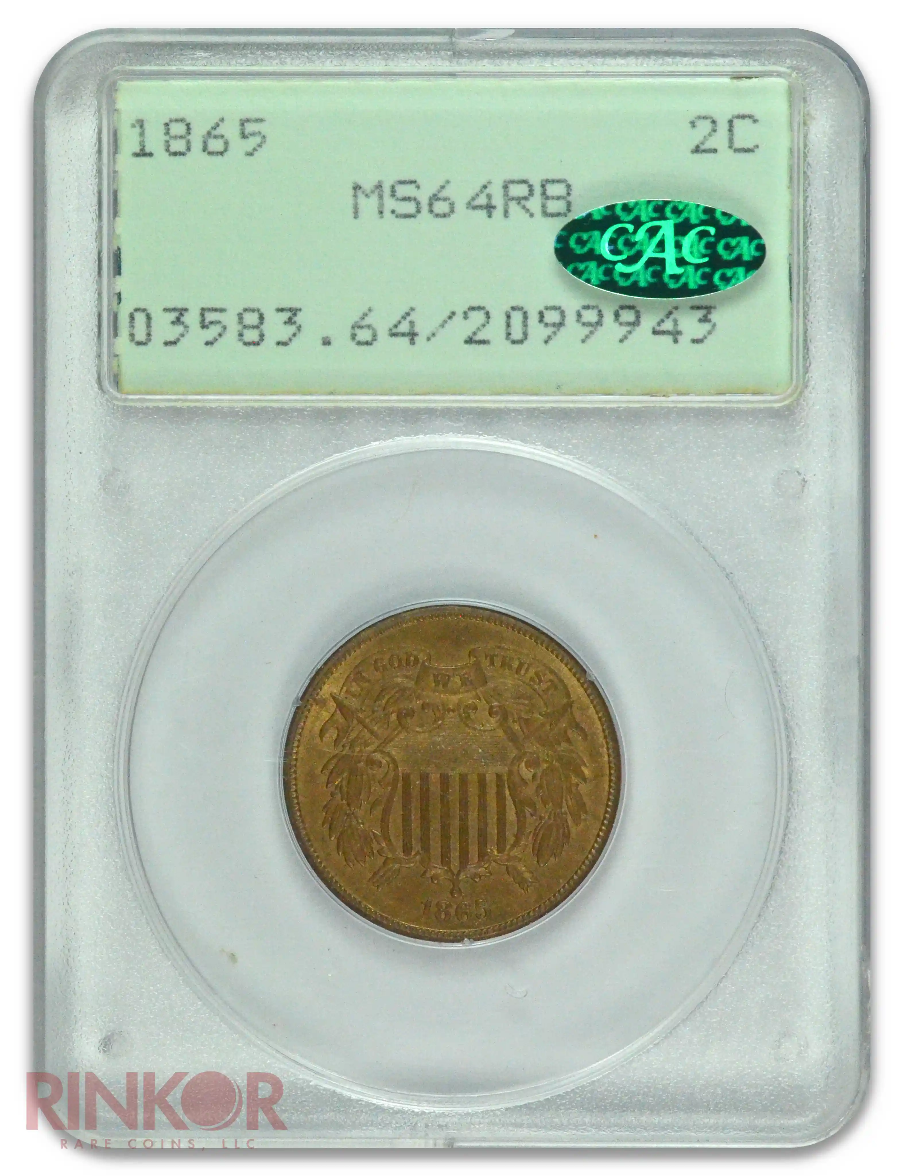 1865 Two Cent PCGS MS 64 RB CAC