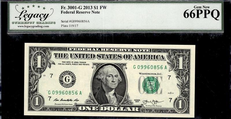 Fr. 3001-G 2013 $1 FW Federal Reserve Note Gem New 66PPQ 