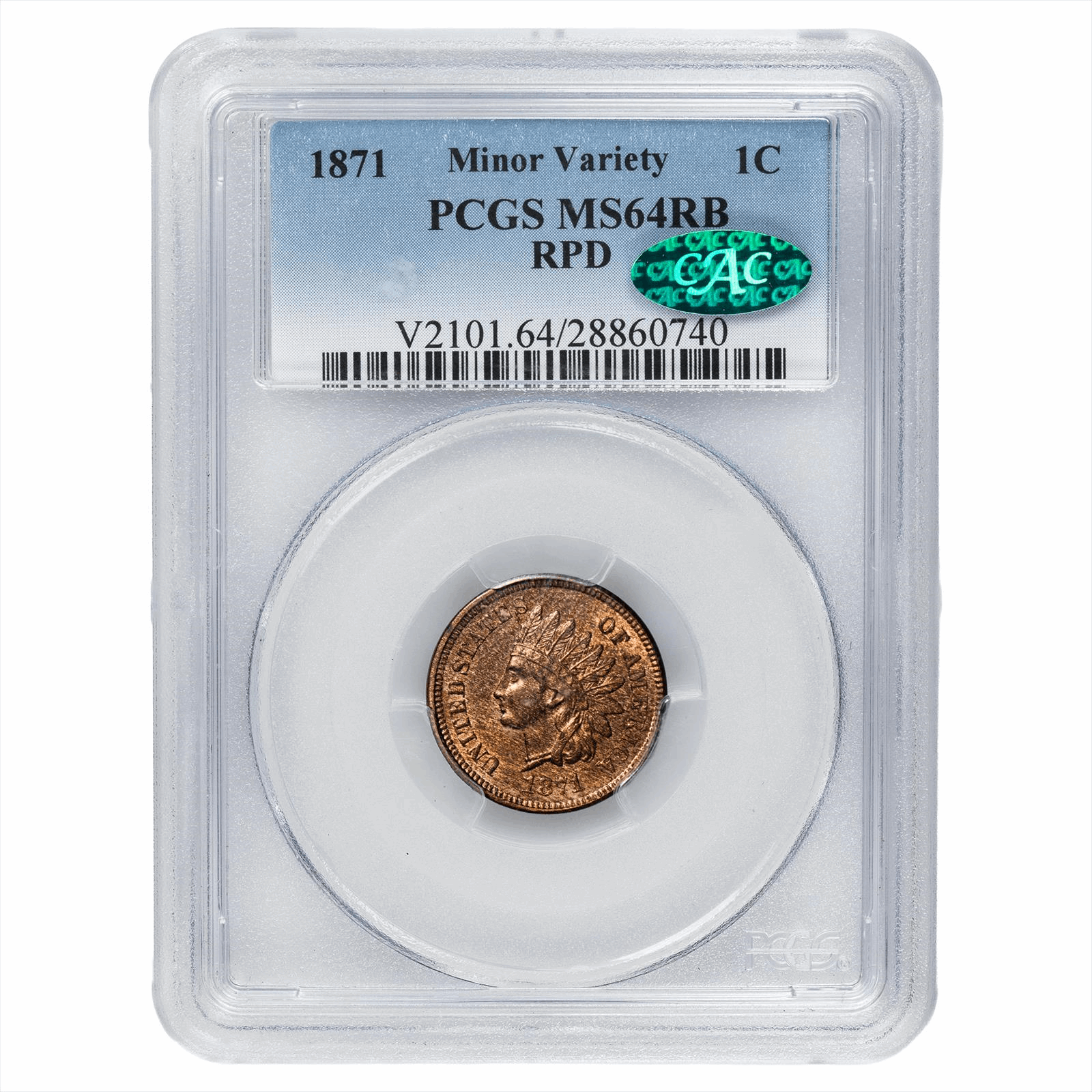 1871 Indian Head Cent 1C Minor Variety RPD PCGS MS 64 RB CAC
