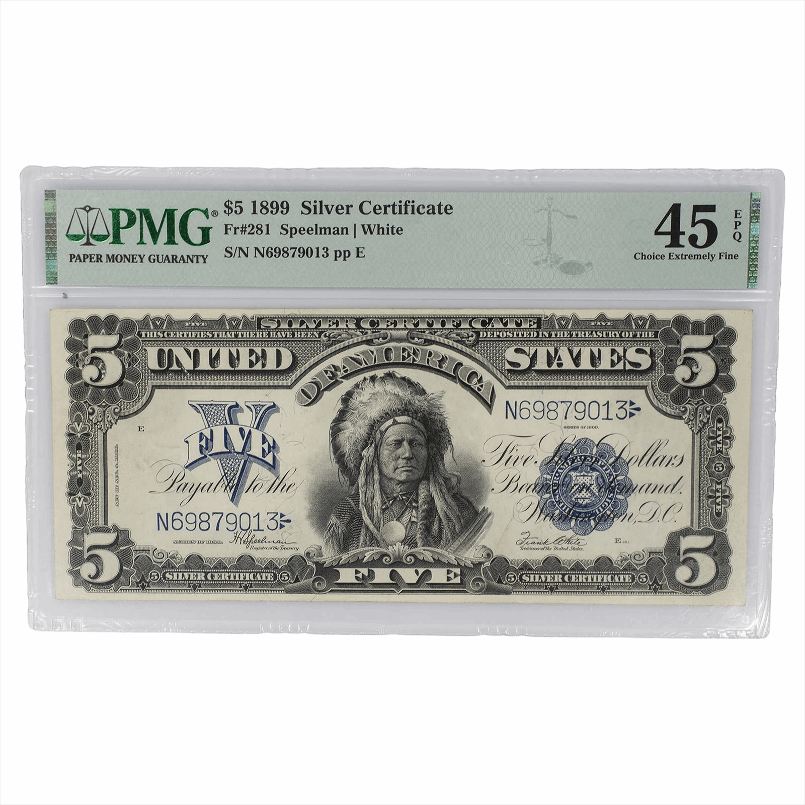 1899 $5 Silver Certificate FR281 PMG45EpQ - Speelman/White 