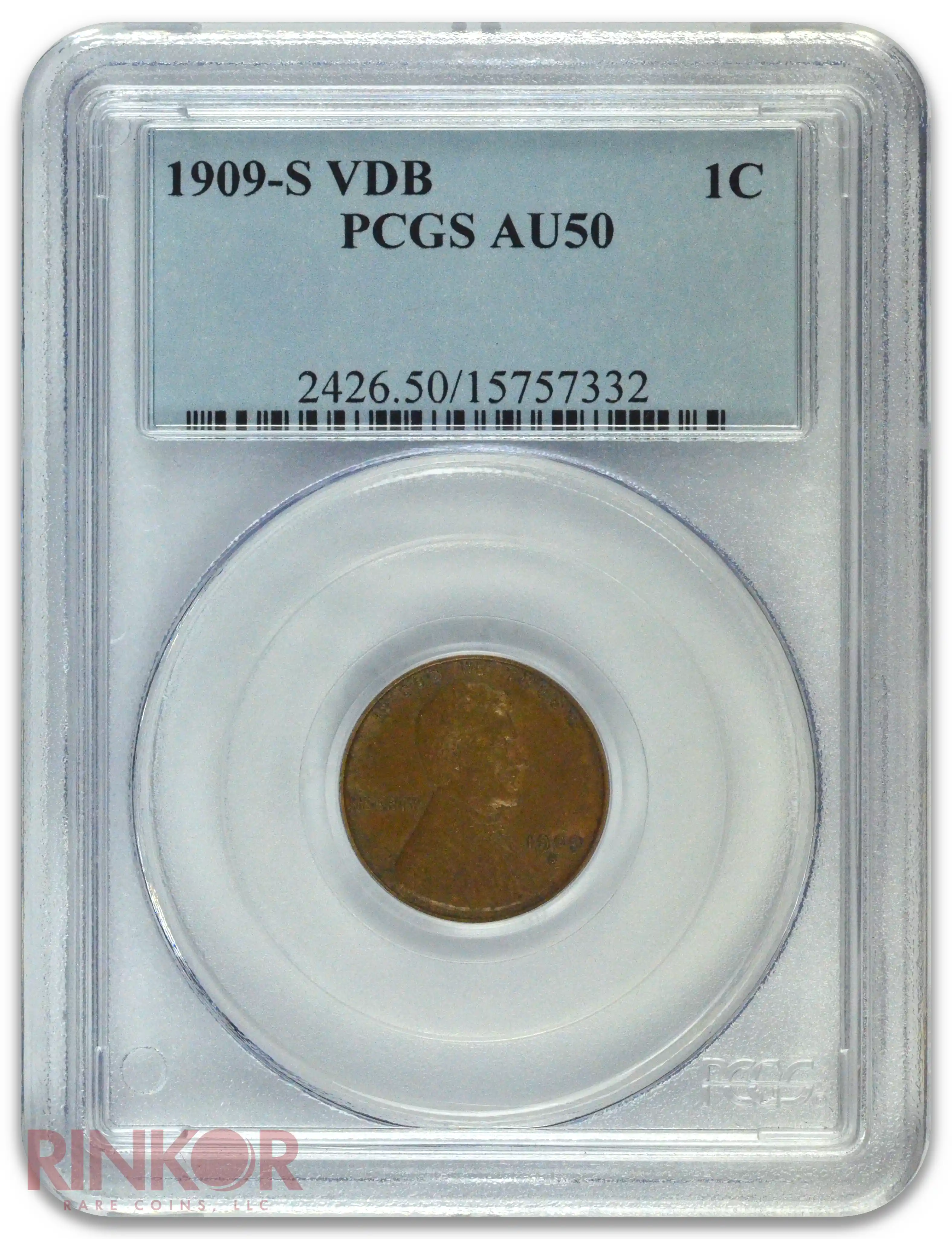 1909-S VDB 1C Lincoln Wheat Cent PCGS AU-50