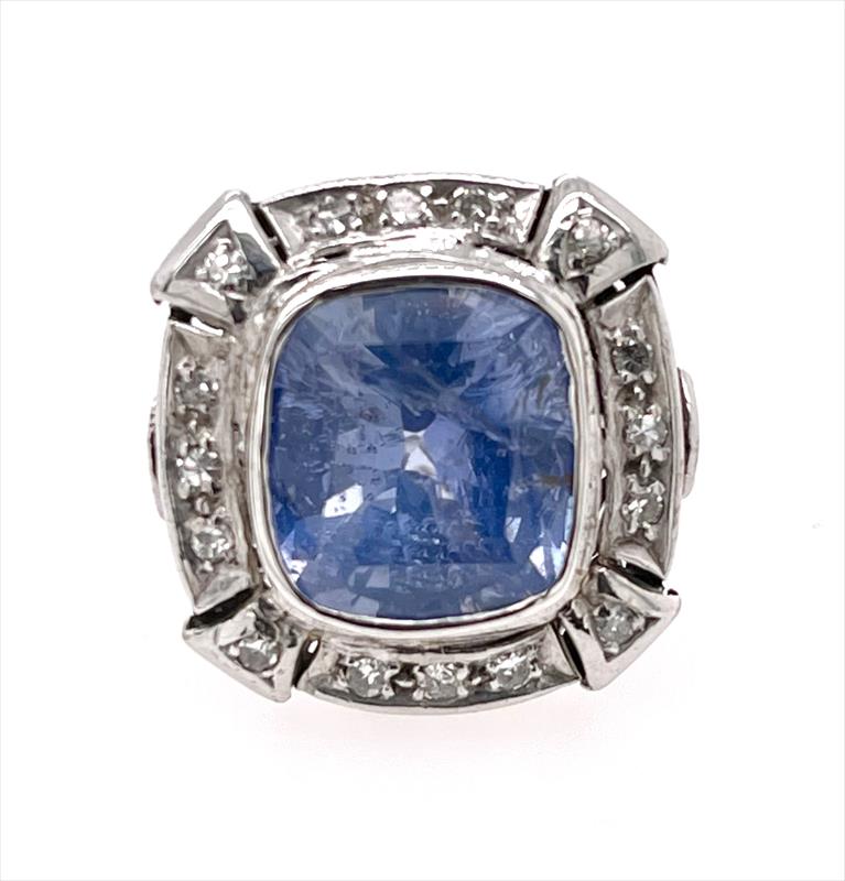 GIA Certified 7.67ct Modified Cushion Cut Natural UNHEATED Blue Sapphire & Diamond Ring in 18k White Gold 