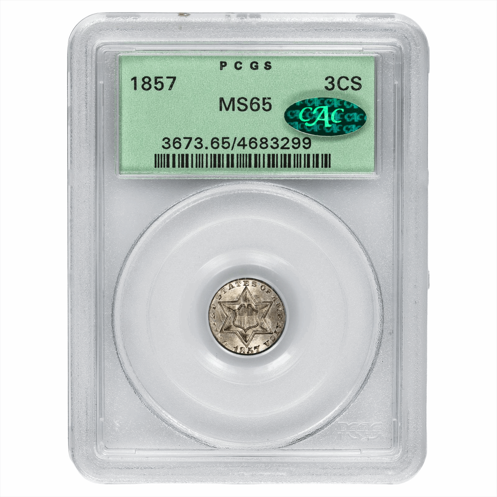1857 Type 2 Three Cent 3CS PCGS MS 65 CAC