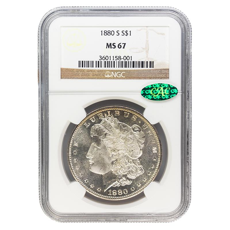 1880-S  Morgan Dollar $1, NGC MS67 CAC Certified - Lovely White Coin