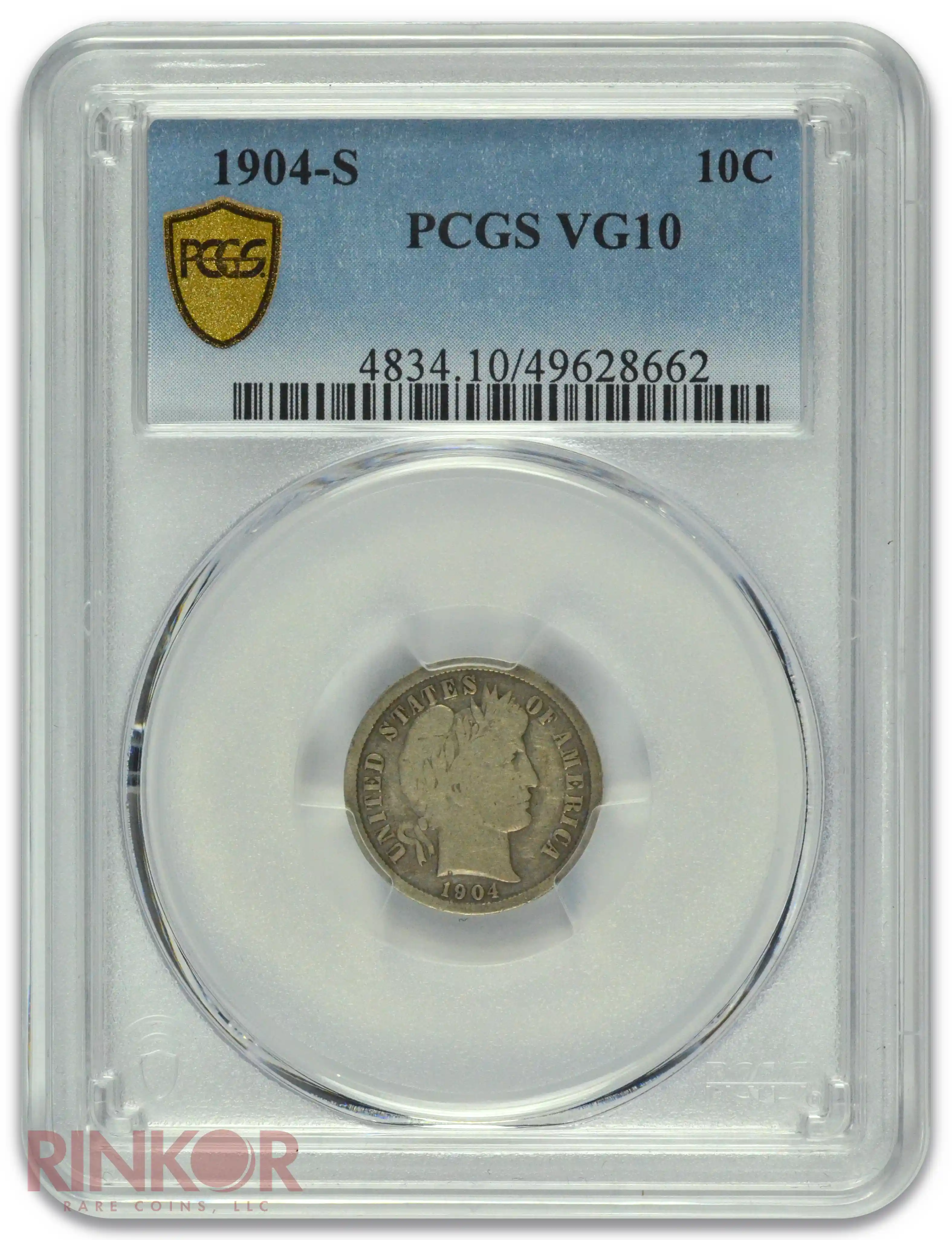 1904-S Barber Dime PCGS VG-10