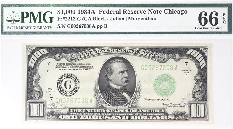 Fr. 2212-G 1934A $1,000 Federal Reserve Note Chicago PMG 66 EPQ 