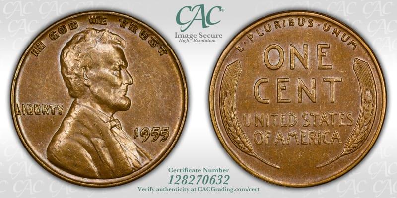 1955 1C Doubled Die Obverse, BN CACG AU55+ BN