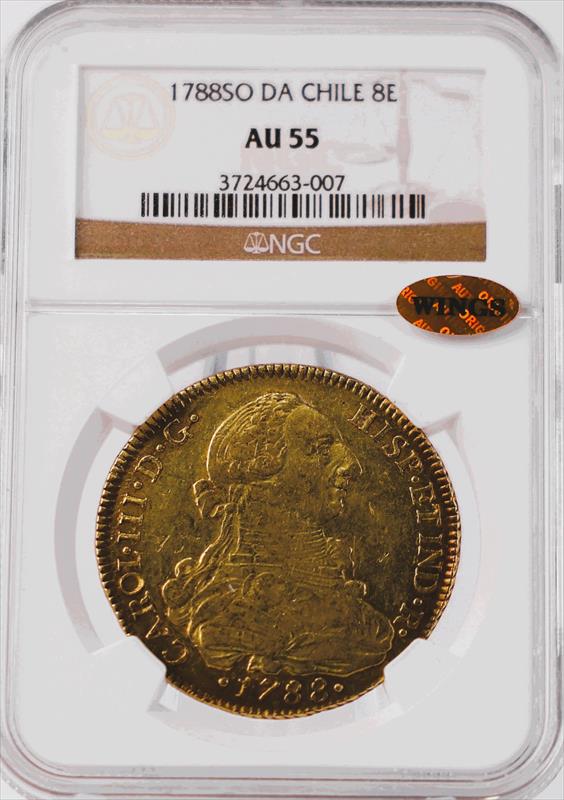 1788SO DA Chile Gold 8 Escudo NGC AU55 WINGS 