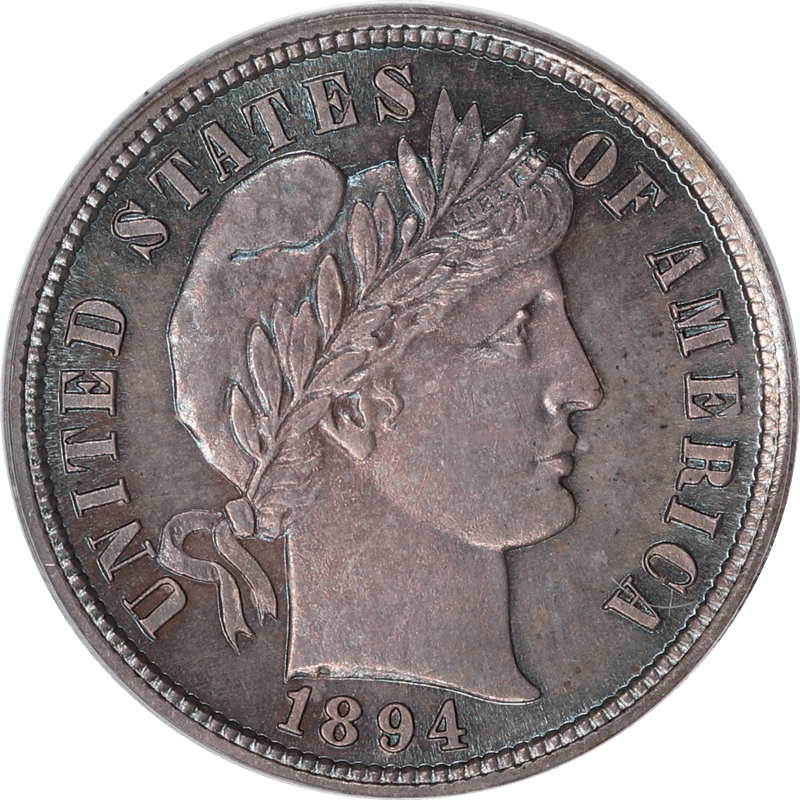 1894 Barber Dime 10c, PCGS PR 65 -Vibrant Rainbow Toning