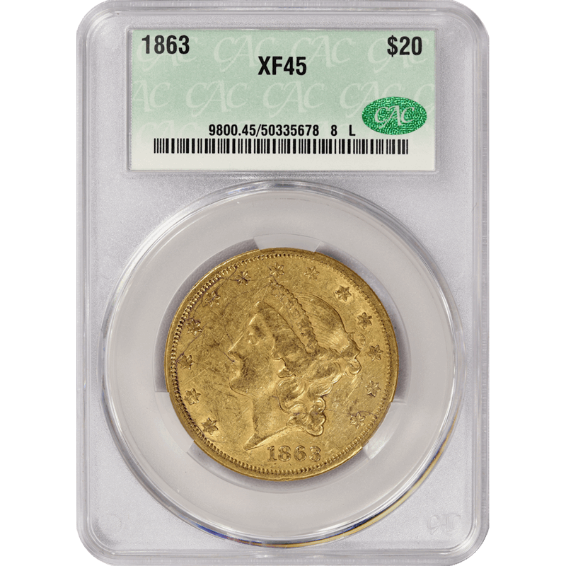 1863 Liberty Head $20 Gold Double Eagle,  CACG XF-45 CAC - Civil War Date, PQ+