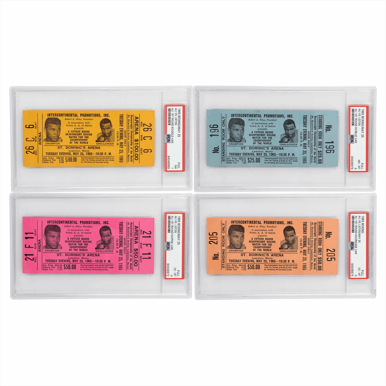 1965 4Pc Lot May 25th Ali Vs Liston Ali 1st Round KO Rainbow FULL PSA EX-MT 6-8
