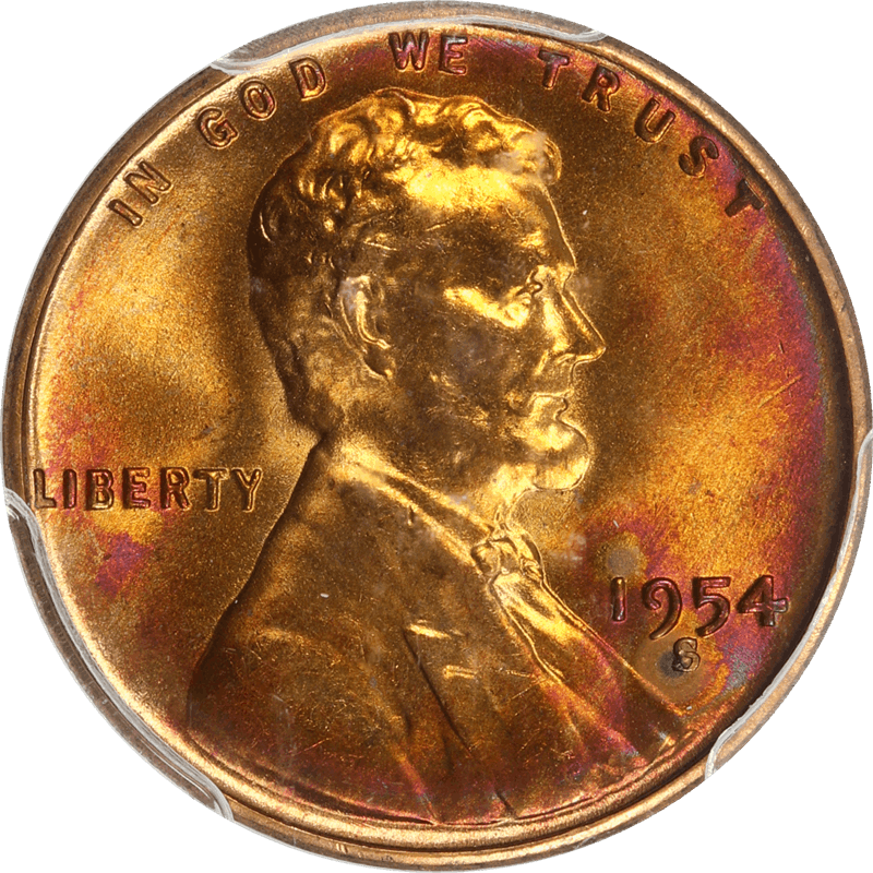 1954-S  Lincoln Wheat Cent 1c, PCGS MS 65 RB - Nice Color