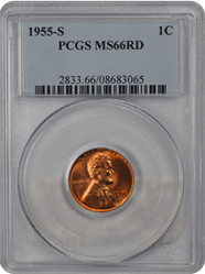 1955-S 1C Lincoln Cent - Type 1 Wheat Reverse PCGS RD #3688-12 MS66
