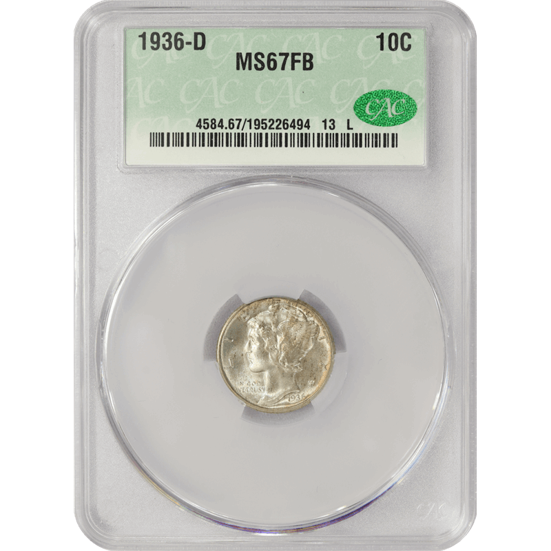 1936-D 10c Mercury Silver Dime - CACG MS67FB - Nice Color - Full Bands