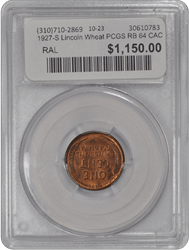 1927-S Lincoln Wheat PCGS (CAC) 64 RB