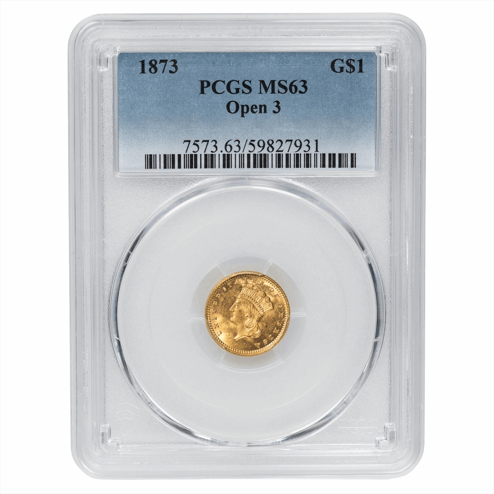 1873 Open 3 Indian Princess Head Gold Dollar $1 PCGS MS 63