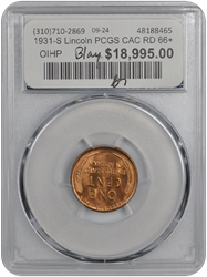 1931-S Lincoln PCGS CAC RD 66+ 