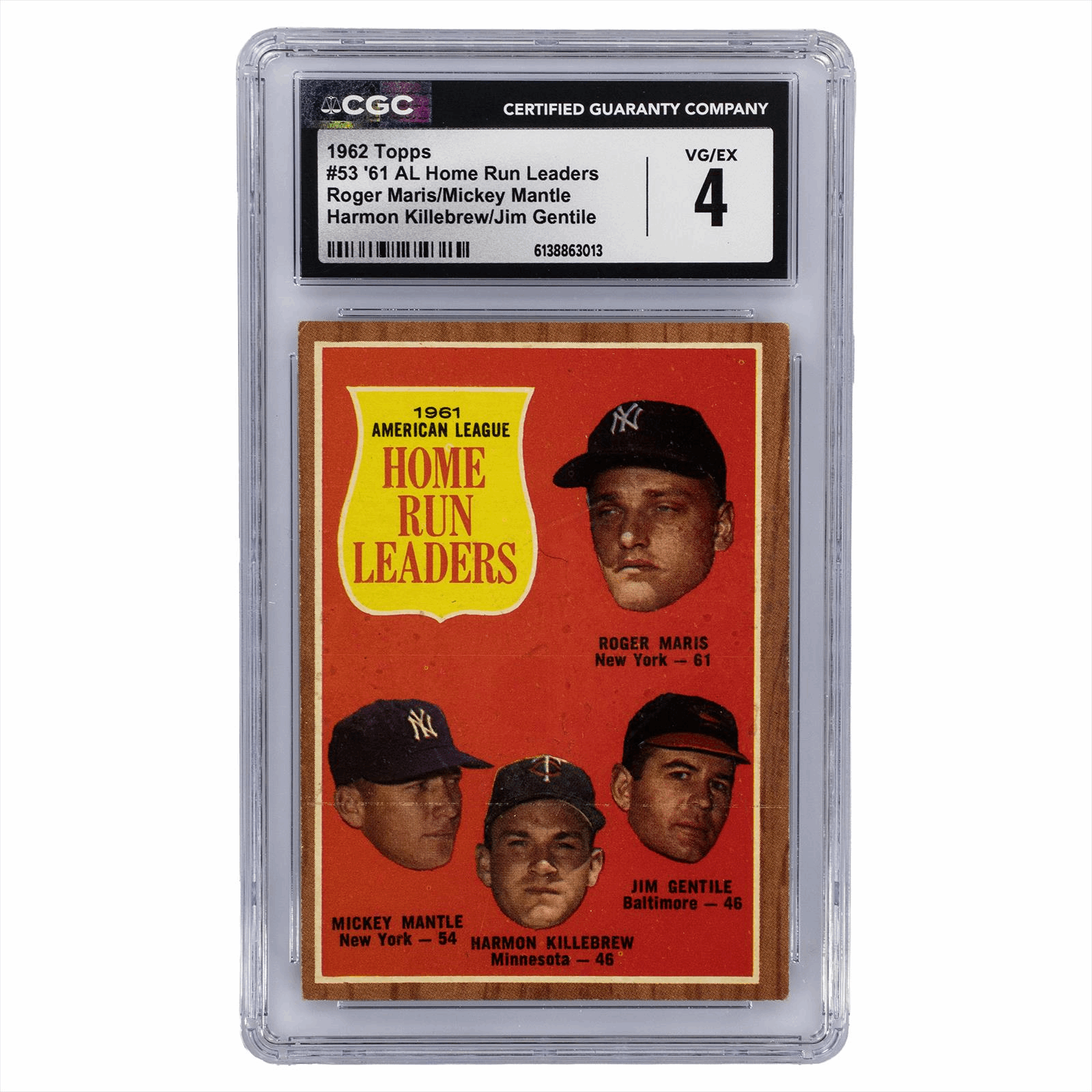 1962 Topps 61 AL Home Run Leaders Maris/Mantle/Killebrew/Gentile #53 CGC VG/EX 4
