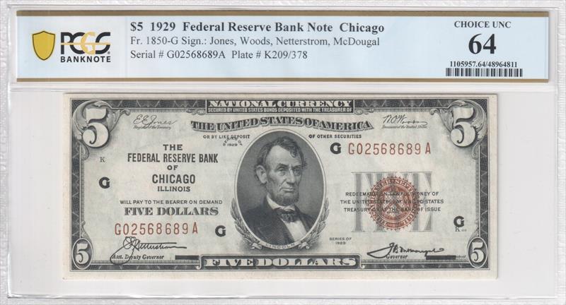 Fr. 1850-G 1929 $5 Chicago Federal Reserve Note PCGS Choice Unc 64 