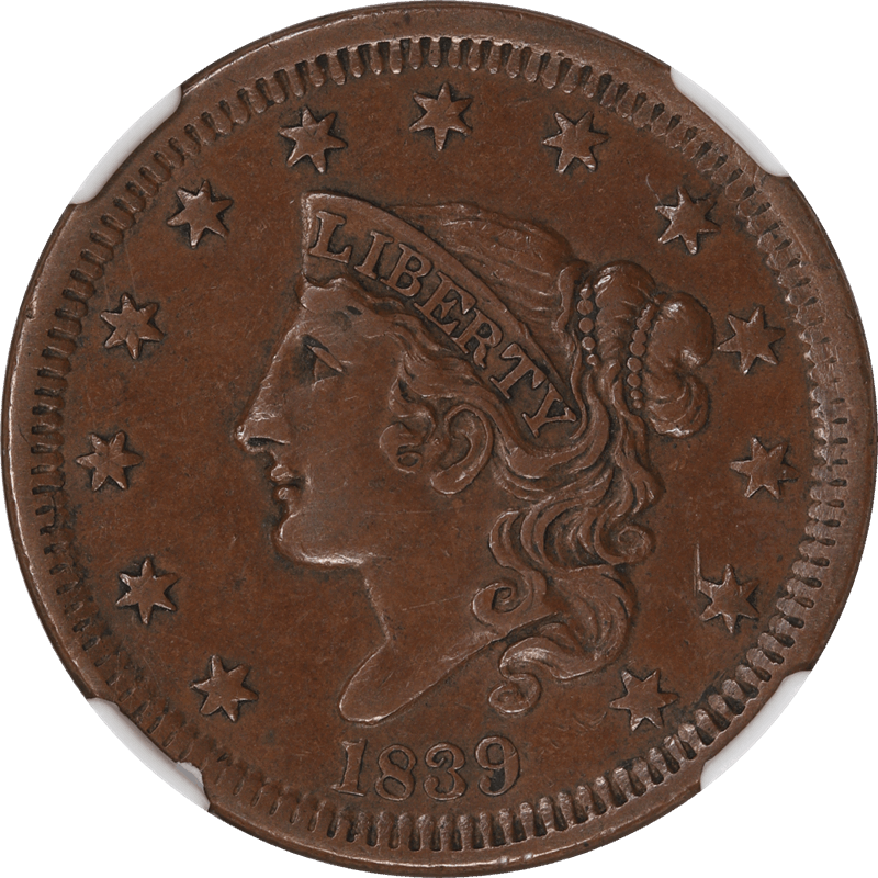 1839 Matron Head Modified, Head of 1838 Large Cent 1c, NGC AU58 - Nice Original Coin