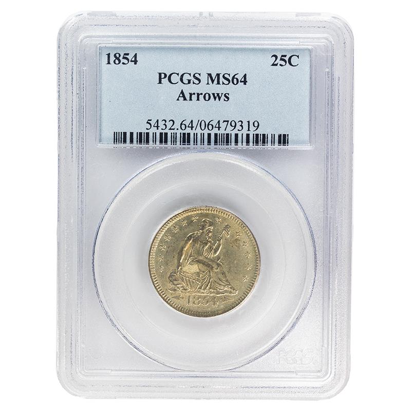 1854 Seated Liberty Quarter Arrows, 25C PCGS MS 64