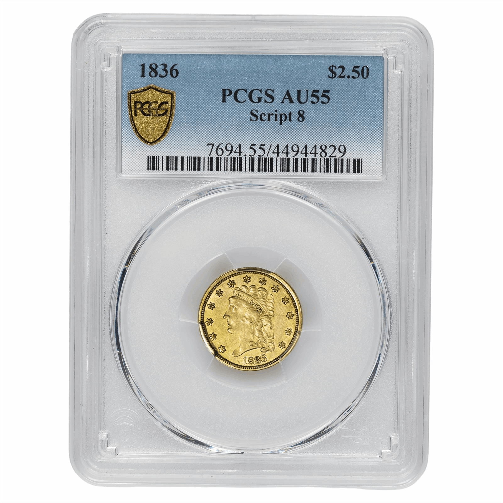 1836 Script 8 Classic Head Gold Quarter Eagle $2.50 PCGS AU 55