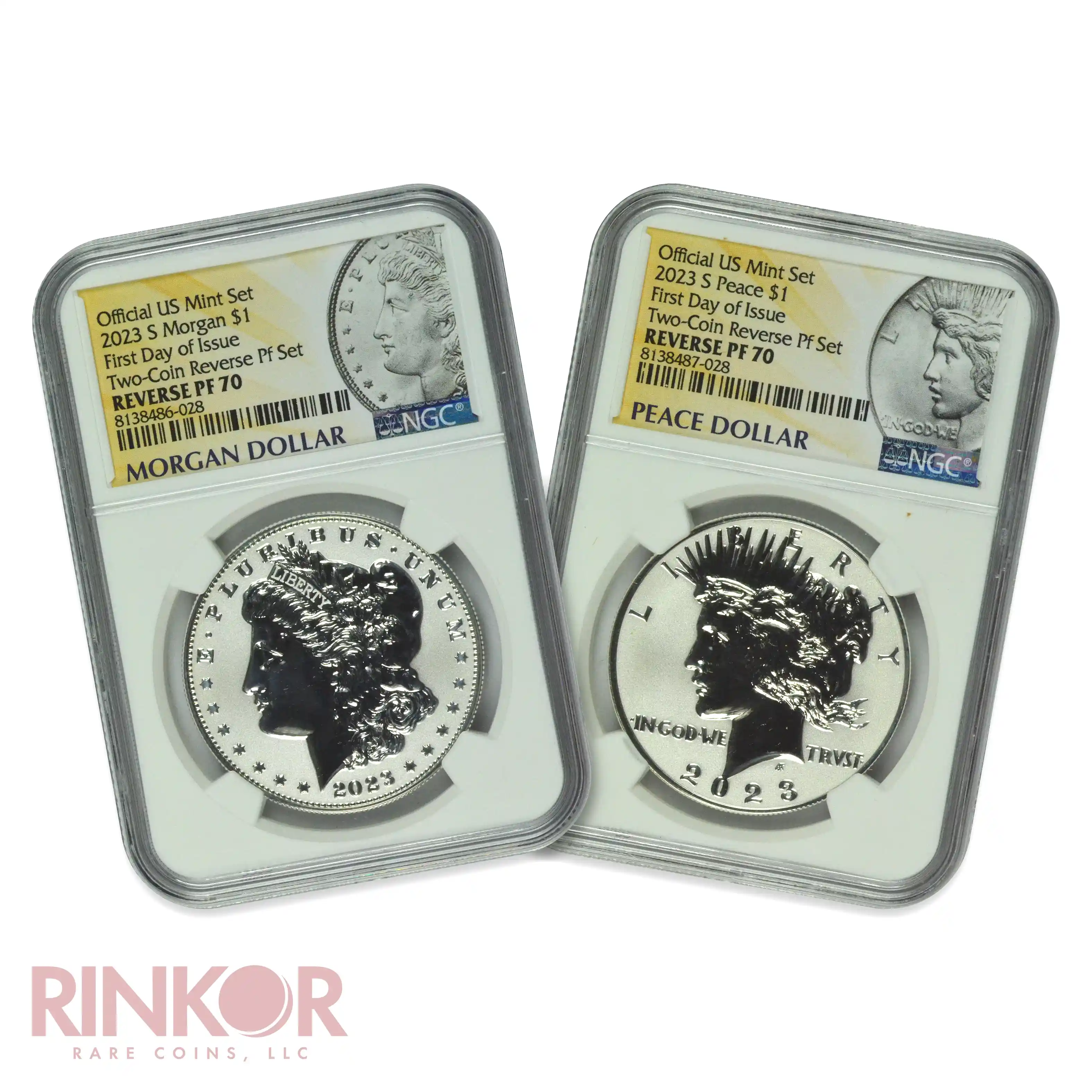 2023-S Reverse Proof Morgan and Peace Dollar First Day of Issue 2-Coin Set NGC PF 70