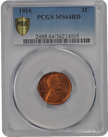 1916 1C Lincoln Cent - Type 1 Wheat Reverse PCGS RD #3689-3 MS64