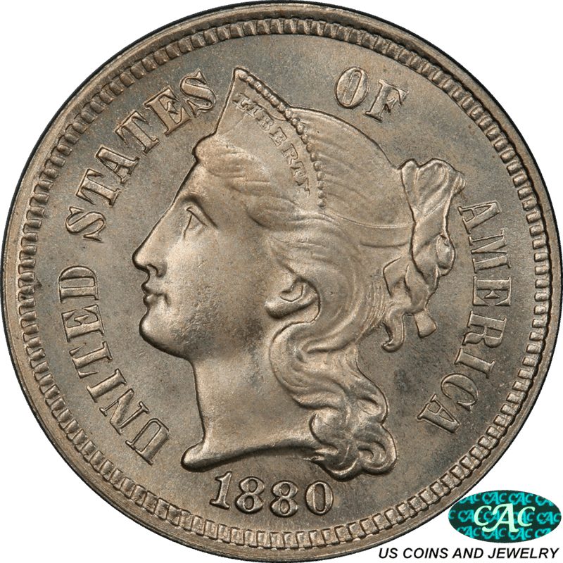1880 Three Cent Nickel PCGS and CAC MS66