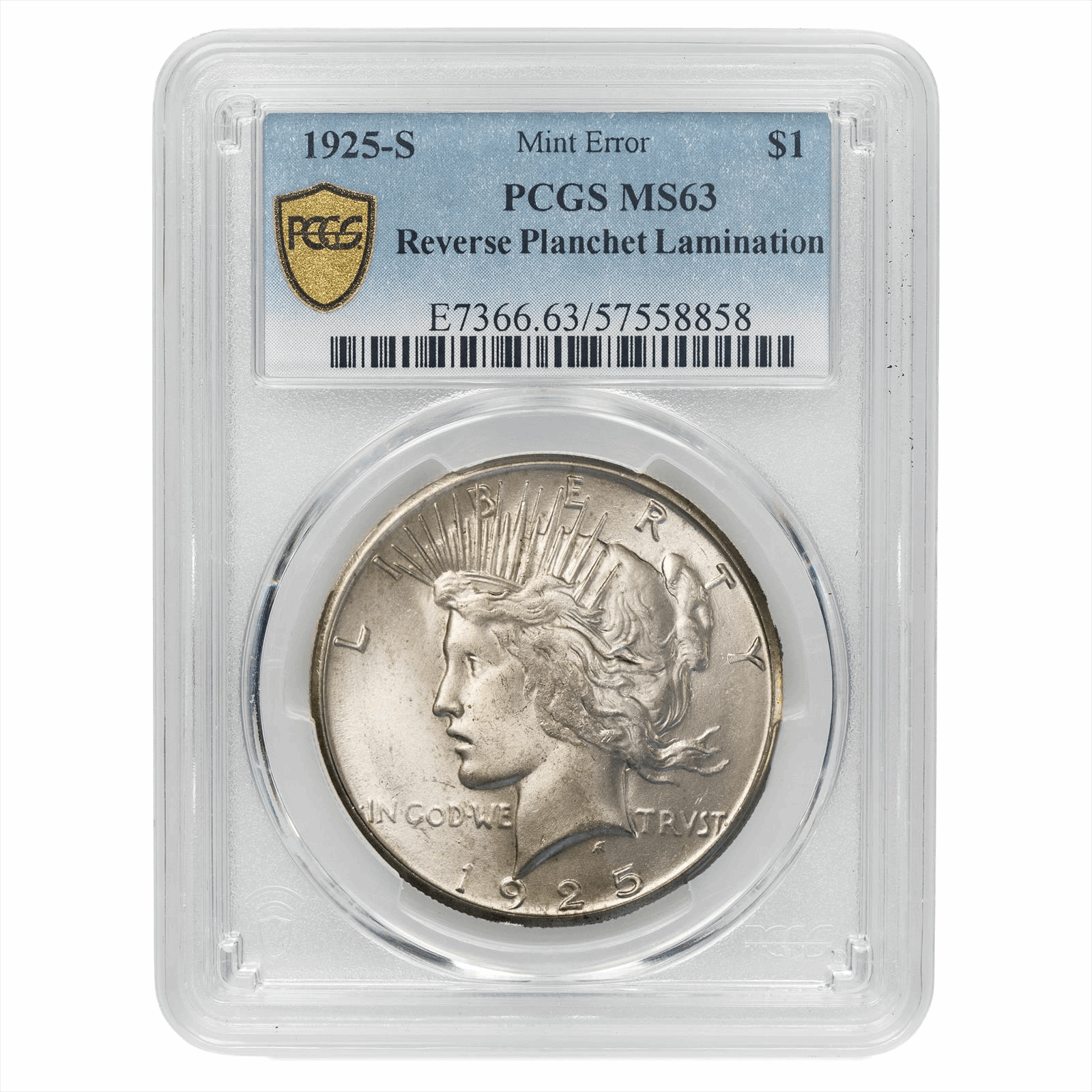 1925-S Silver Peace Dollar $1 Reverse Planchet Lamination PCGS MS 63