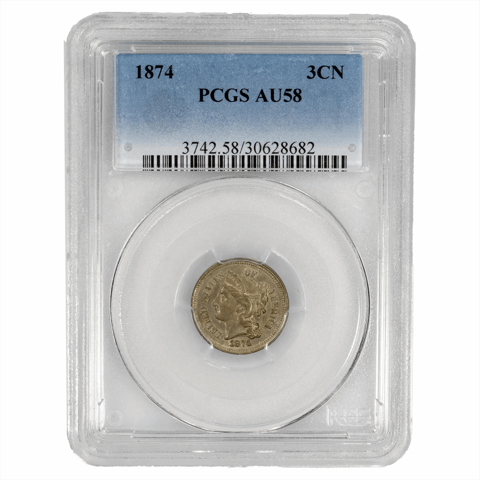 1874 Three Cent Nickel 3CN PCGS AU 58