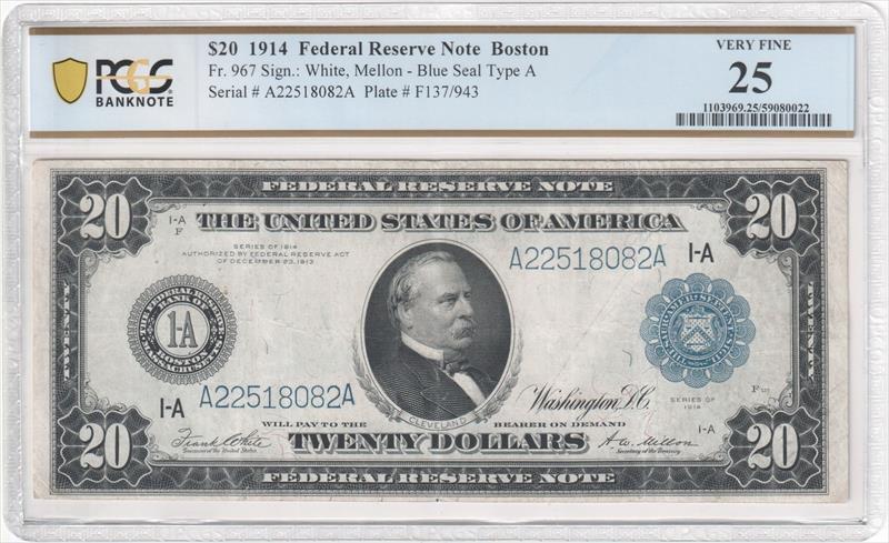 Fr. 967 1914 $20 Federal Reserve BN Boston PCGS VF25