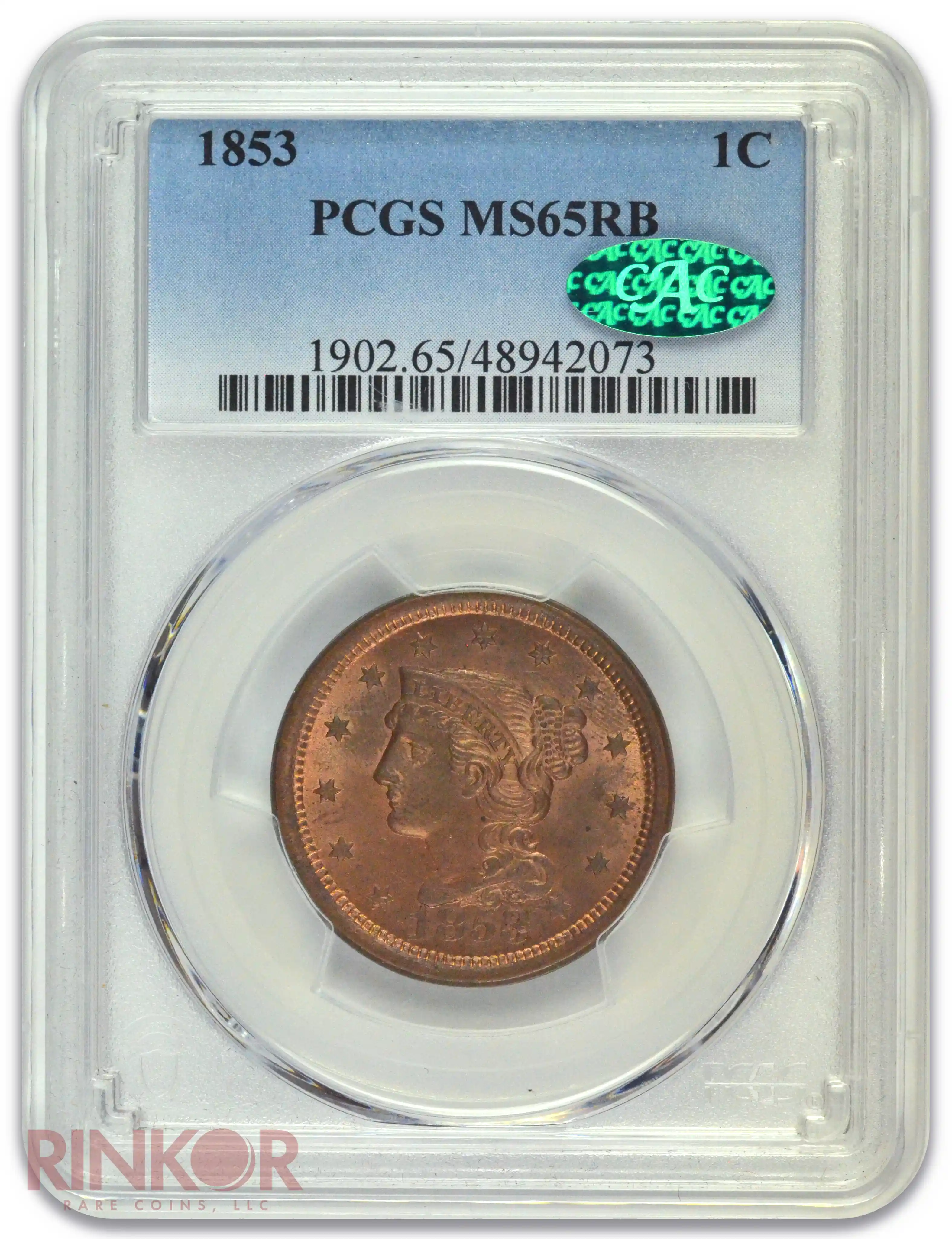 1853 Braided Hair Large Cent PCGS MS 65 RB CAC