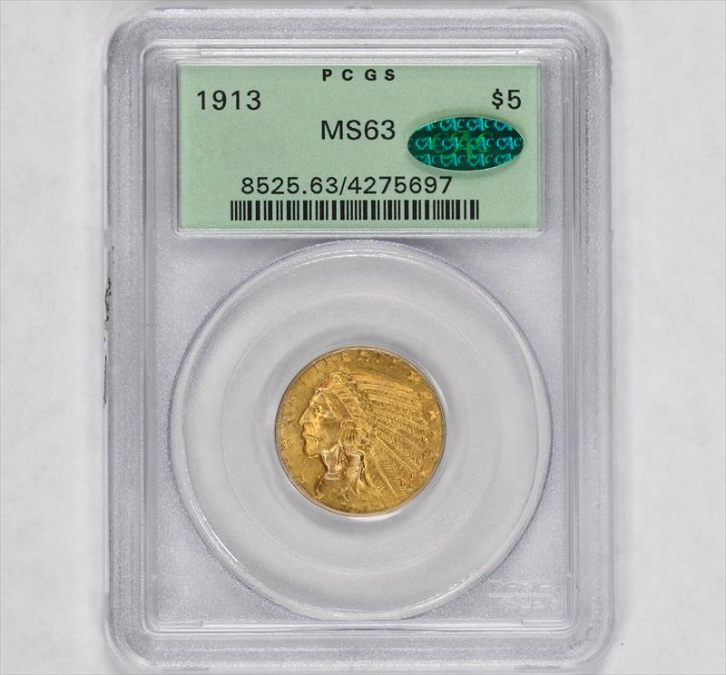 1913 $5 Indian Head Gold - PCGS MS63 CAC - OGH - Old Green Holder