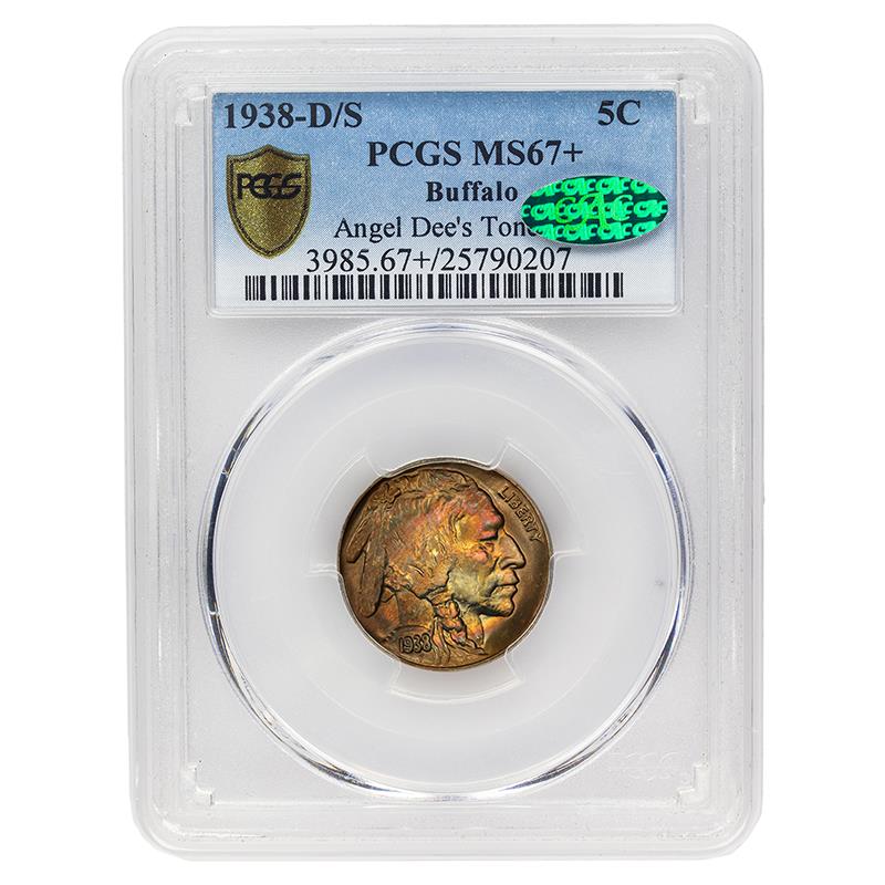 1938-D/S Buffalo Nickel, 5C PCGS MS 67 + CAC Certified - Gorgeous Toning