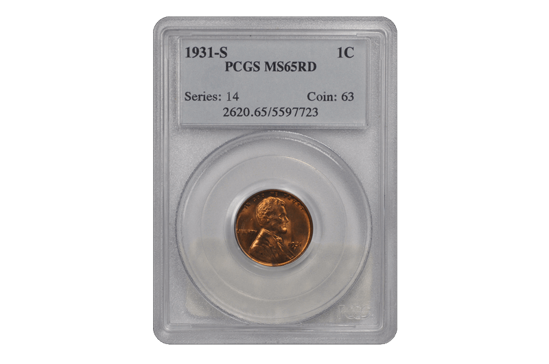 1931-S 1C Lincoln Cent - Type 1 Wheat Reverse PCGS RD #3688-1 MS65