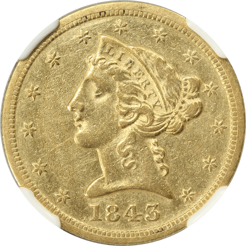1843-O Liberty Head Half Eagle $5, NGC AU Details - Small Letters